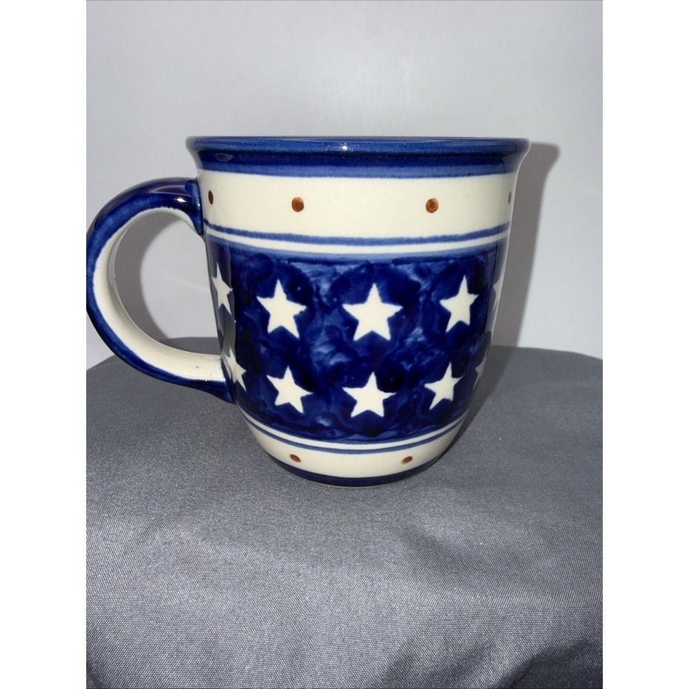 Boleslawiec Polish Coffee Mug Pottery Blue White Stars Poland Stoneware 12 oz